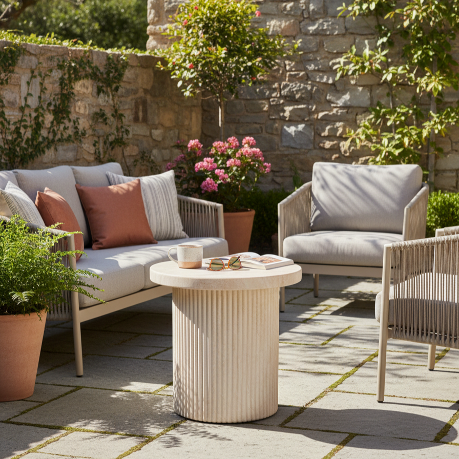 Verona Round Ribbed Marble Look Side Table - Indoor & Outdoor Table