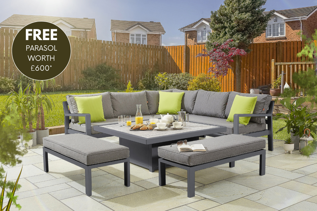 tutbury grey firepit table with outdoor fabric corner sofa and 2 large benches uk made free cantilever parasol included