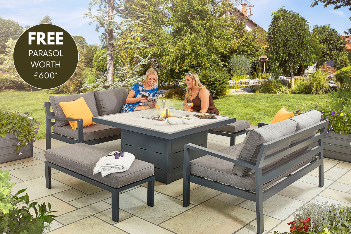 tutbury grey firepit table with outdoor fabric corner sofa and 2 large benches uk made free cantilever parasol included