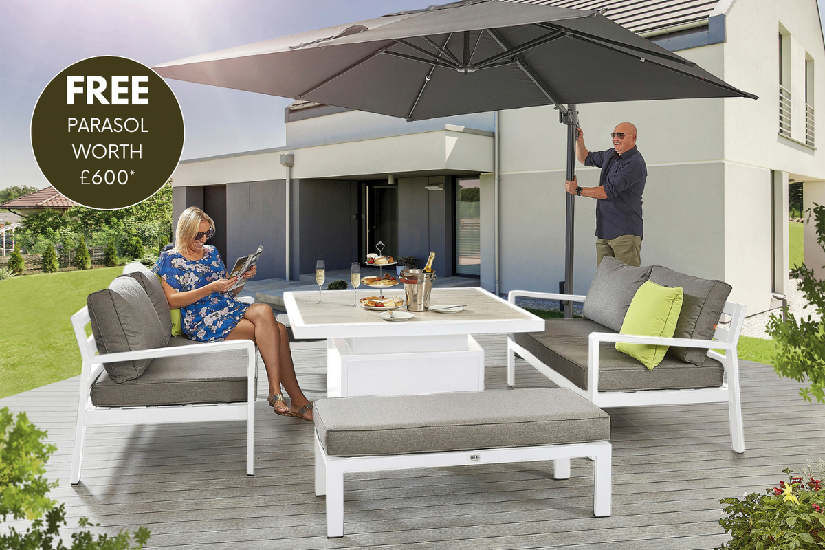 tutbury grey firepit table with outdoor fabric corner sofa and 2 large benches uk made free cantilever parasol included