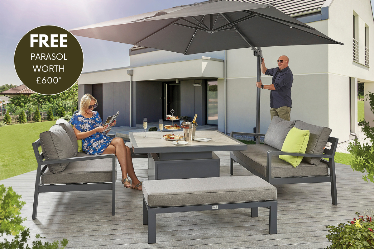 tutbury grey firepit table with outdoor fabric corner sofa and 2 large benches uk made free cantilever parasol included