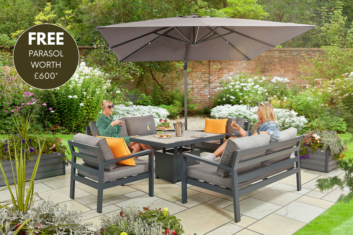 tutbury grey firepit table with outdoor fabric corner sofa and 2 large benches uk made free cantilever parasol included