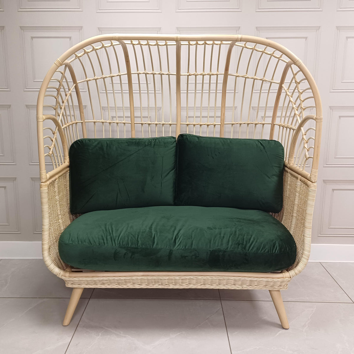 Natural Rattan Cocoon Sofa in Velvet Green