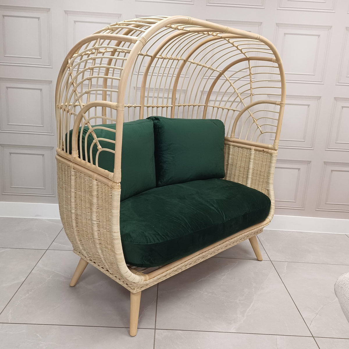 Natural Rattan Cocoon Sofa in Velvet Green