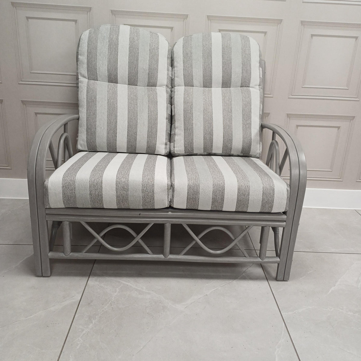 Bali Grey Cane 2 Seater Sofa in Duke Grey Stripe Aquaclean Clearance