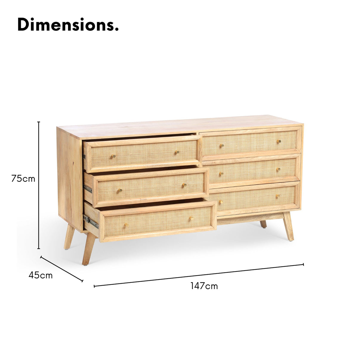 Venice Wide 6 Drawer Chest Unit Rattan & Mango Wood in Natural