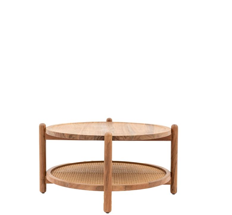 Carson Round  Rattan & Wood Coffee Table with Shelf