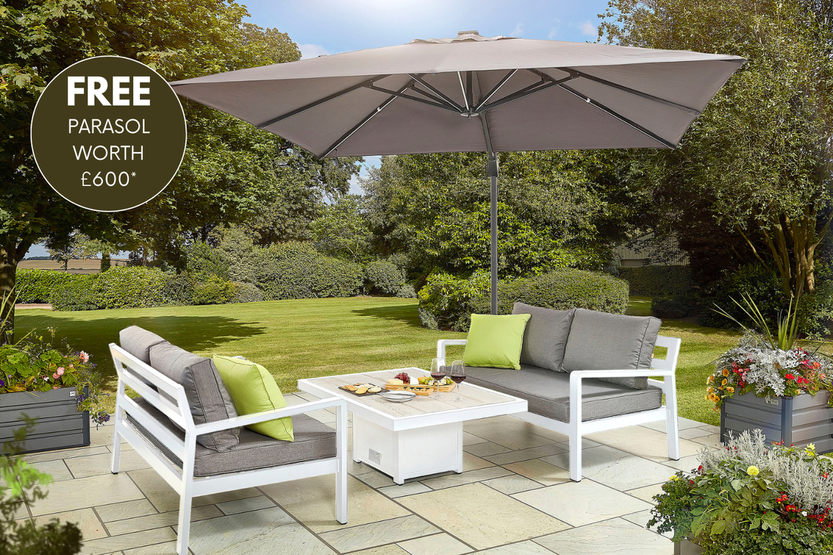 tutbury grey firepit table with outdoor fabric corner sofa and 2 large benches uk made free cantilever parasol included