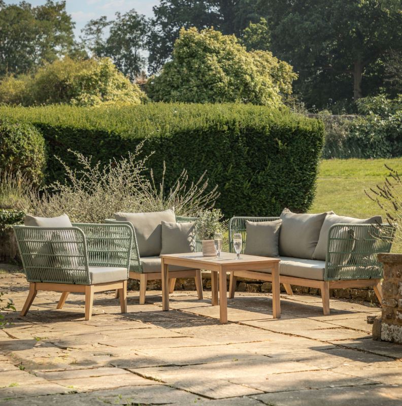 Catalan Acacia Wood Outdoor Rope Weave 4pc Lounge Set in Green