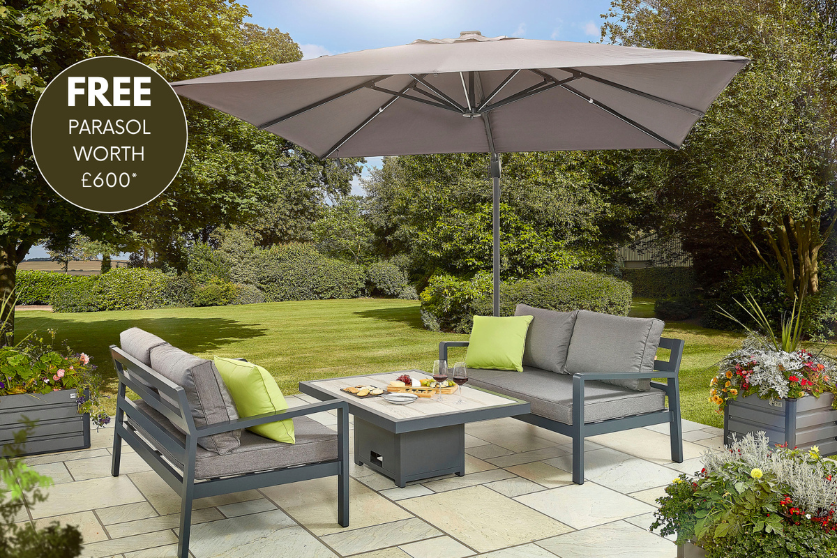 tutbury grey firepit table with outdoor fabric corner sofa and 2 large benches uk made free cantilever parasol included