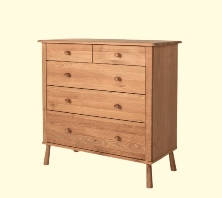Natural Solid Oak 5 Drawer Chest
