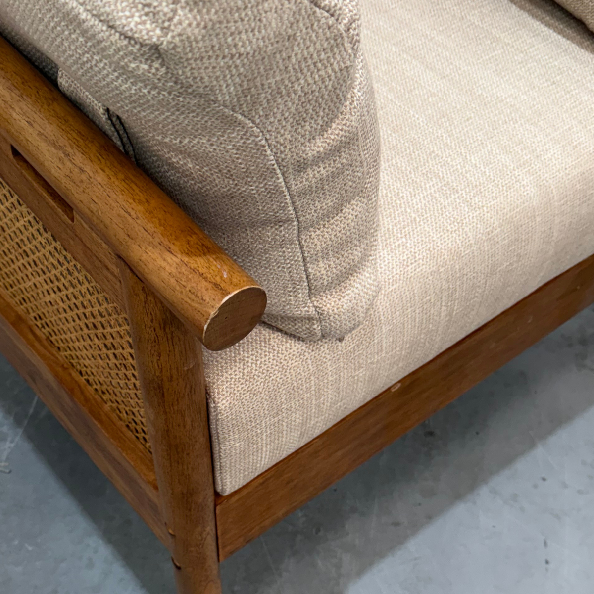 Mindi Light Oak Cane Armchair in Biscuit - Factory Fault
