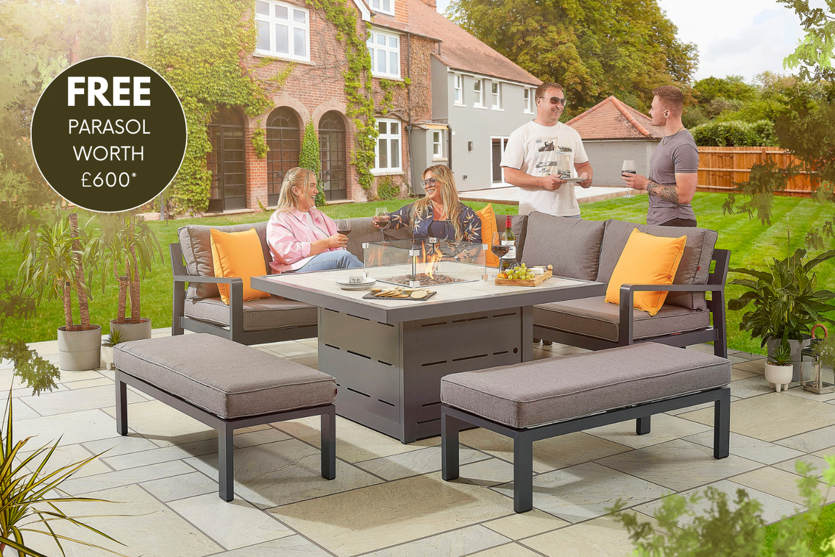 tutbury grey firepit table with outdoor fabric corner sofa and 2 large benches uk made free cantilever parasol included