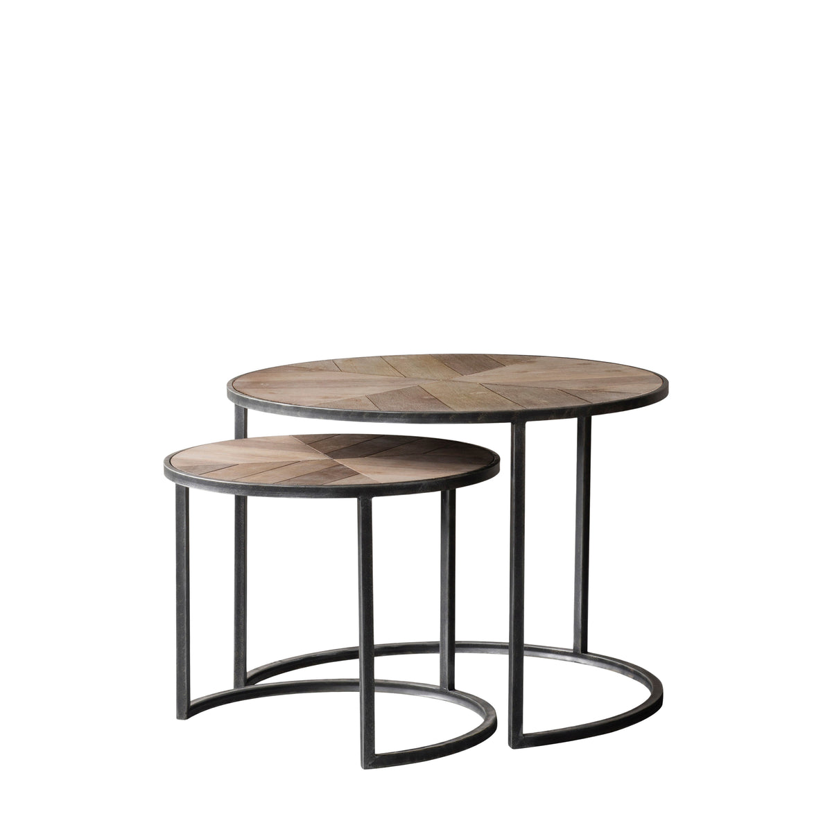 Fir Round Nest of 2 Coffee Tables with Wooden Top & Iron Legs