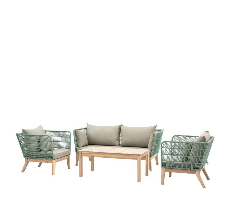 Catalan Acacia Wood Outdoor Rope Weave 4pc Lounge Set in Green