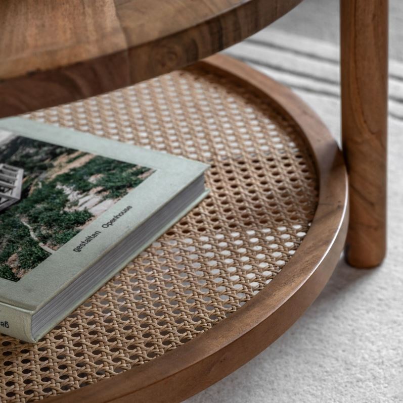 Carson Round  Rattan & Wood Coffee Table with Shelf