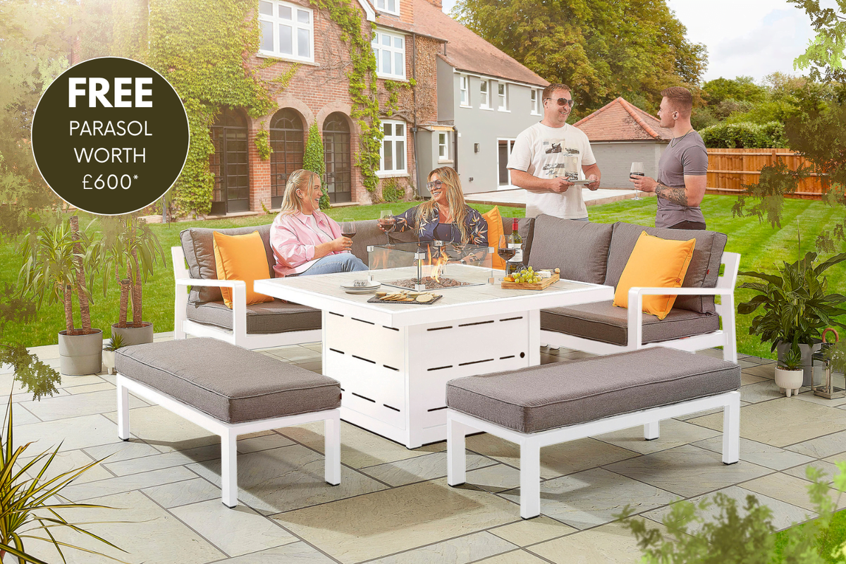 tutbury grey firepit table with outdoor fabric corner sofa and 2 large benches uk made free cantilever parasol included