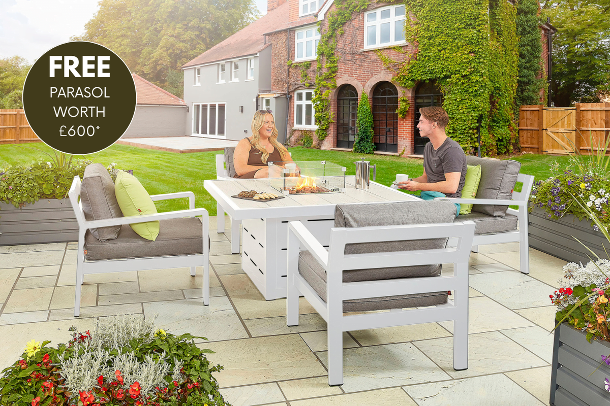 tutbury grey firepit table with outdoor fabric corner sofa and 2 large benches uk made free cantilever parasol included