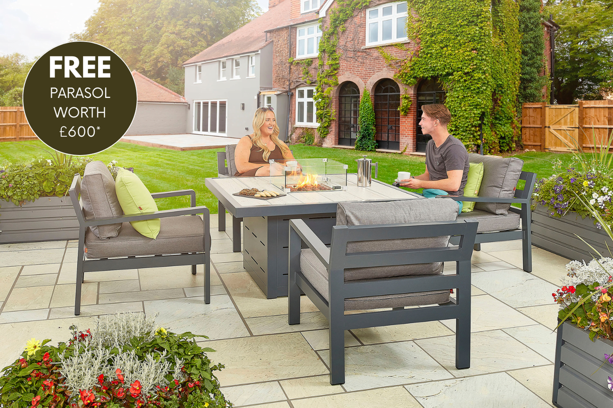 tutbury grey firepit table with outdoor fabric corner sofa and 2 large benches uk made free cantilever parasol included