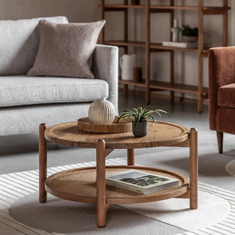 Carson Round  Rattan & Wood Coffee Table with Shelf