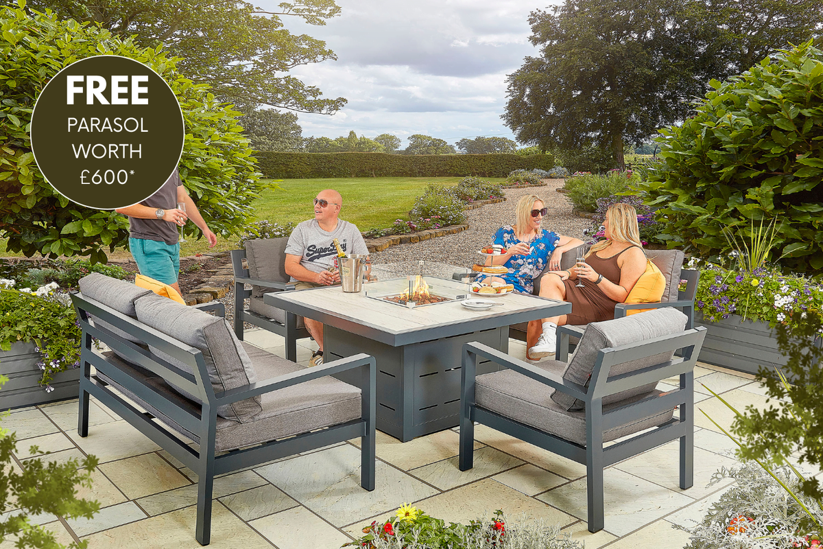 tutbury grey firepit table with outdoor fabric corner sofa and 2 large benches uk made free cantilever parasol included