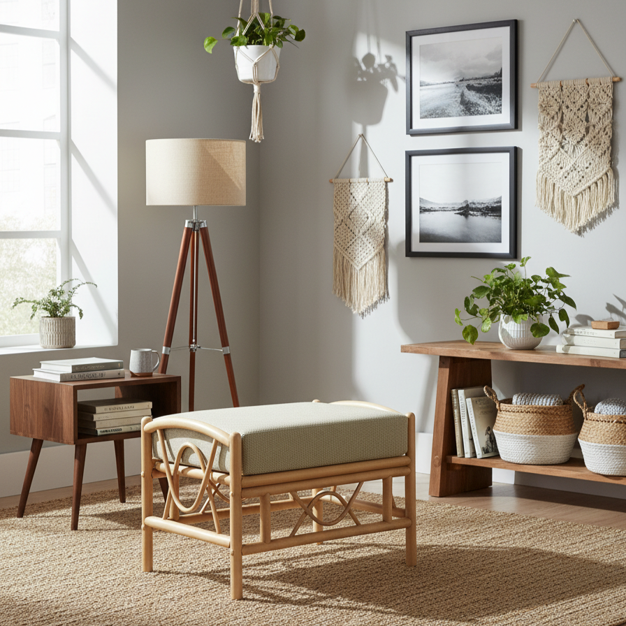 Bali Light Oak Cane Footstool