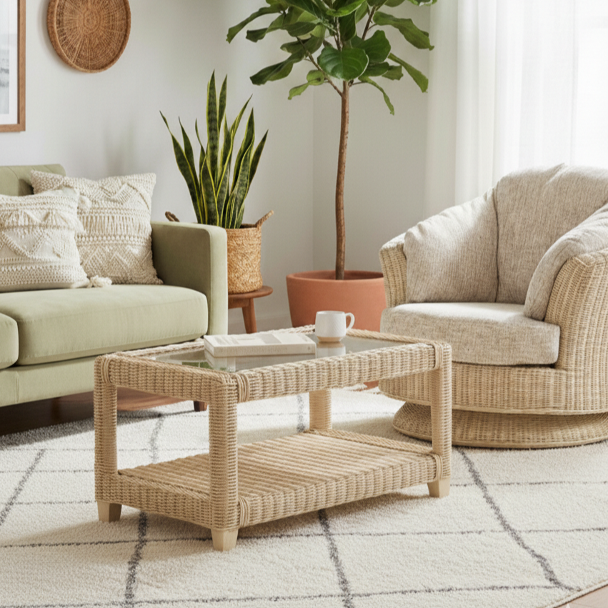 Burford Handmade Wicker Coffee Table with Storage Shelf