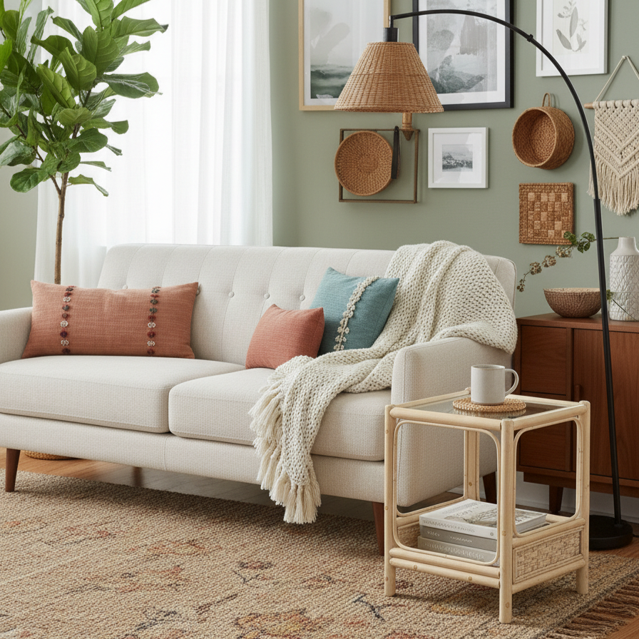 Chelsea Lamp Table - Glass & Rattan