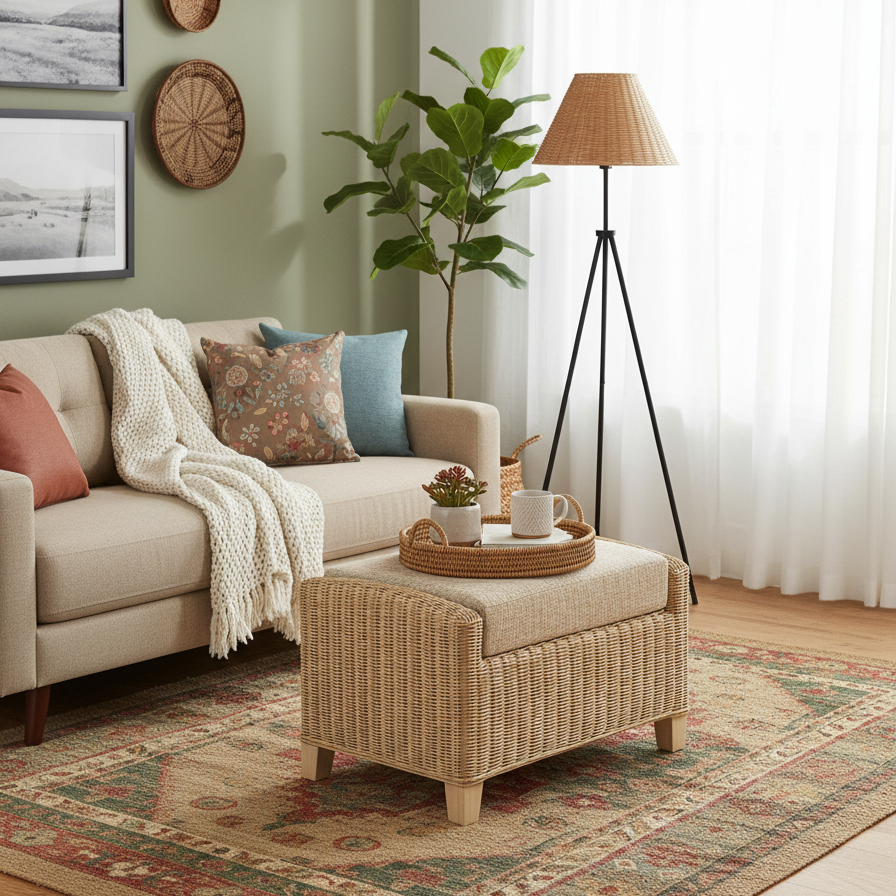 Dijon Natural Wash Cane Footstool with Storage