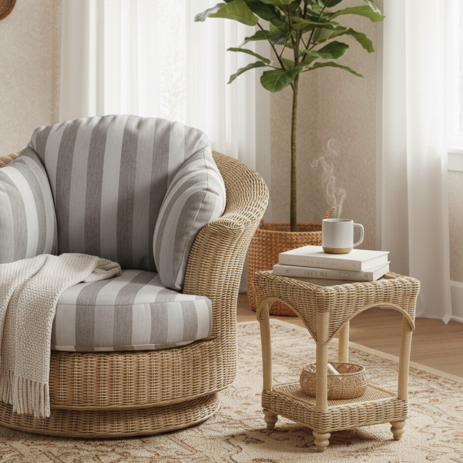 Samford Rustic Modern Wicker & Glass Lamp Table