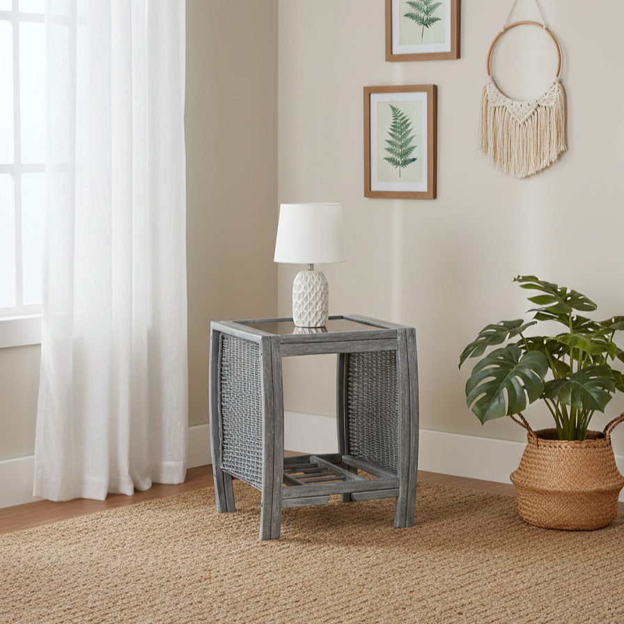 Turin Grey Wash Cane Lamp Table