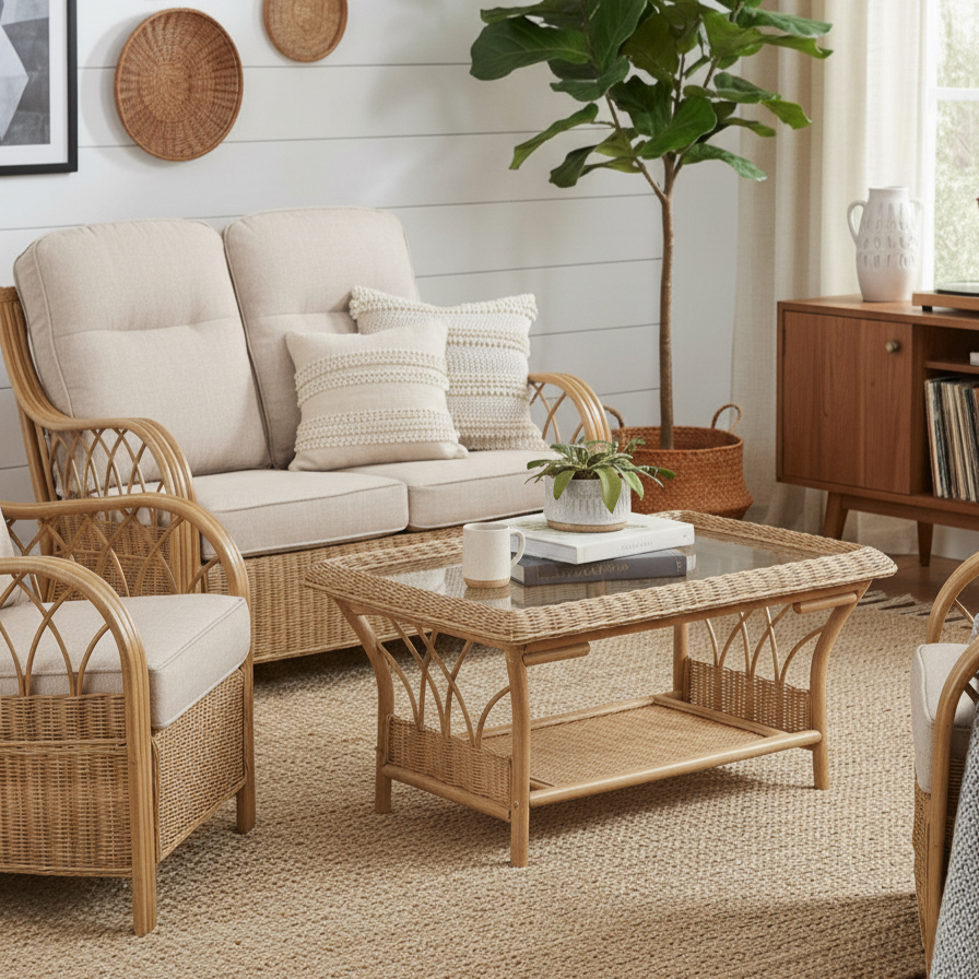 Viola Light Oak Cane Coffee Table