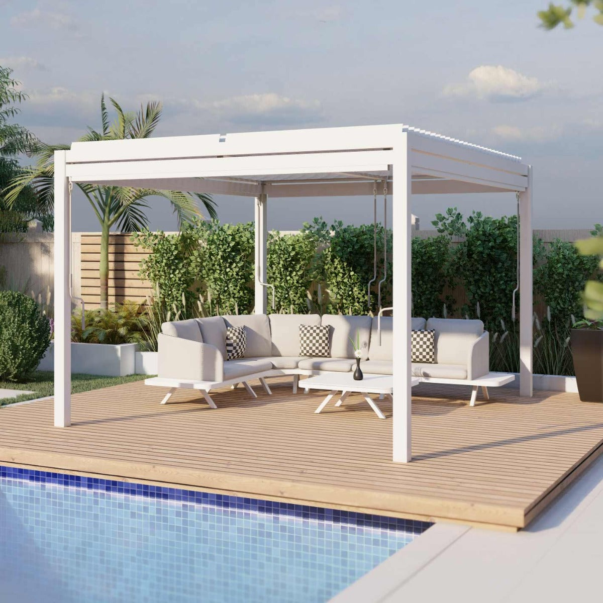 pergola white aluminium 4m x 4m with sides & led lights