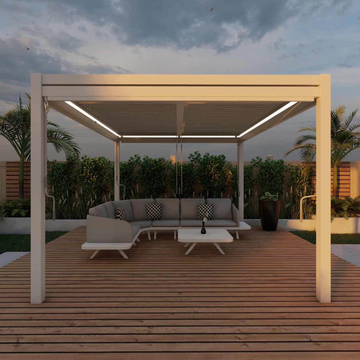 pergola white aluminium 4m x 4m with sides & led lights