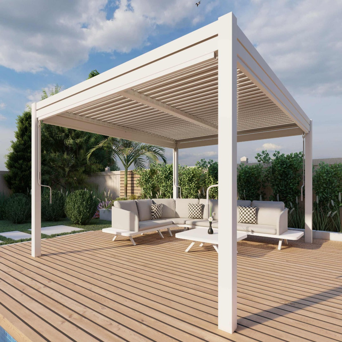 pergola white aluminium 4m x 4m with sides & led lights