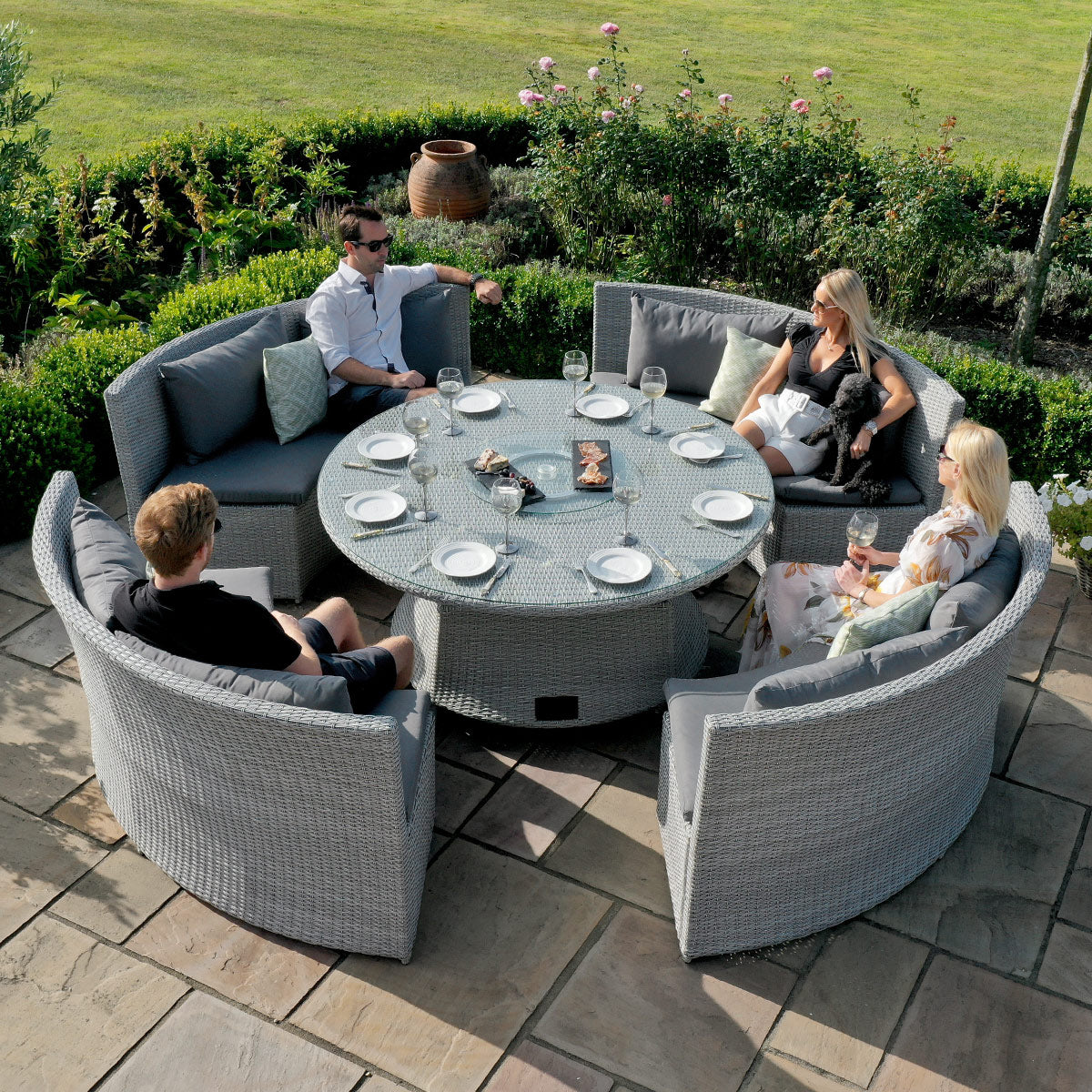 cartmel outdoor rattan round sofa dining set with adjustable table