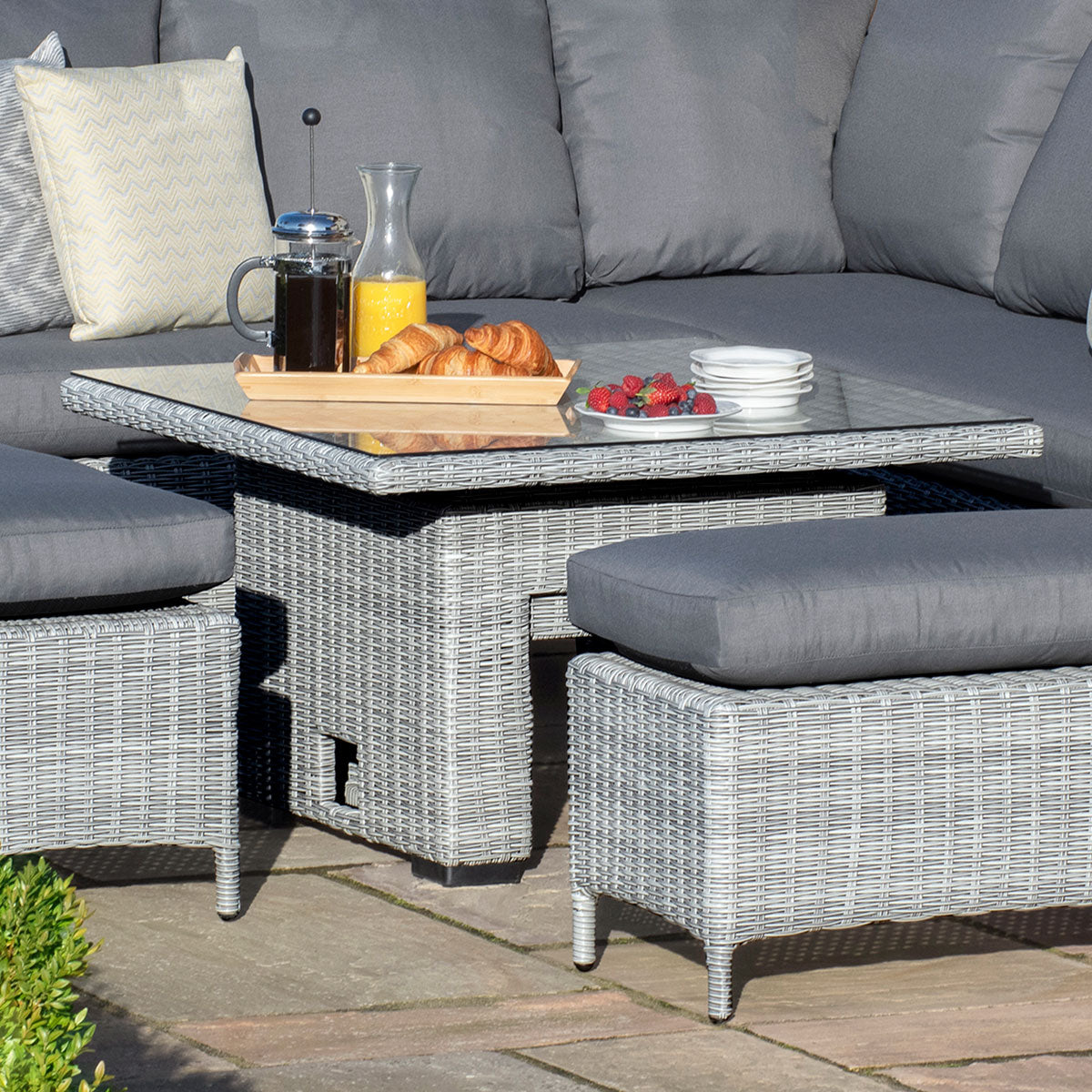 cartmel outdoor rattan corner sofa set with rectangular adjustable table