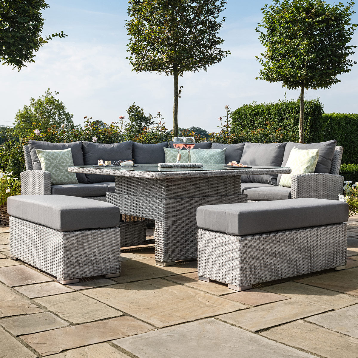 cartmel deluxe outdoor rattan corner sofa set with square adjustable table & ice bucket