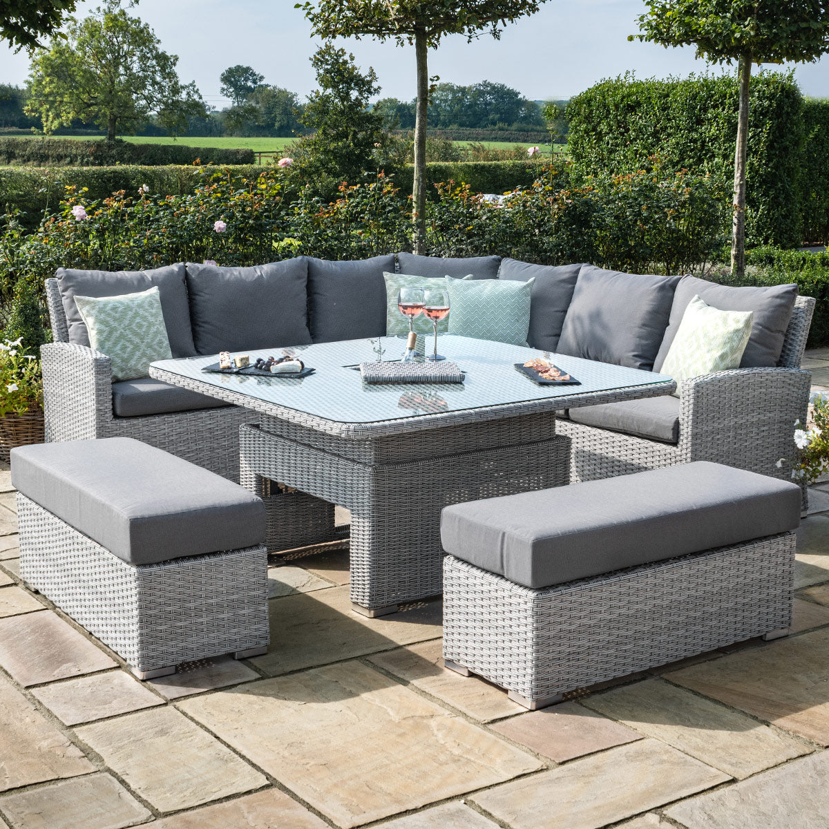 cartmel deluxe outdoor rattan corner sofa set with square adjustable table & ice bucket