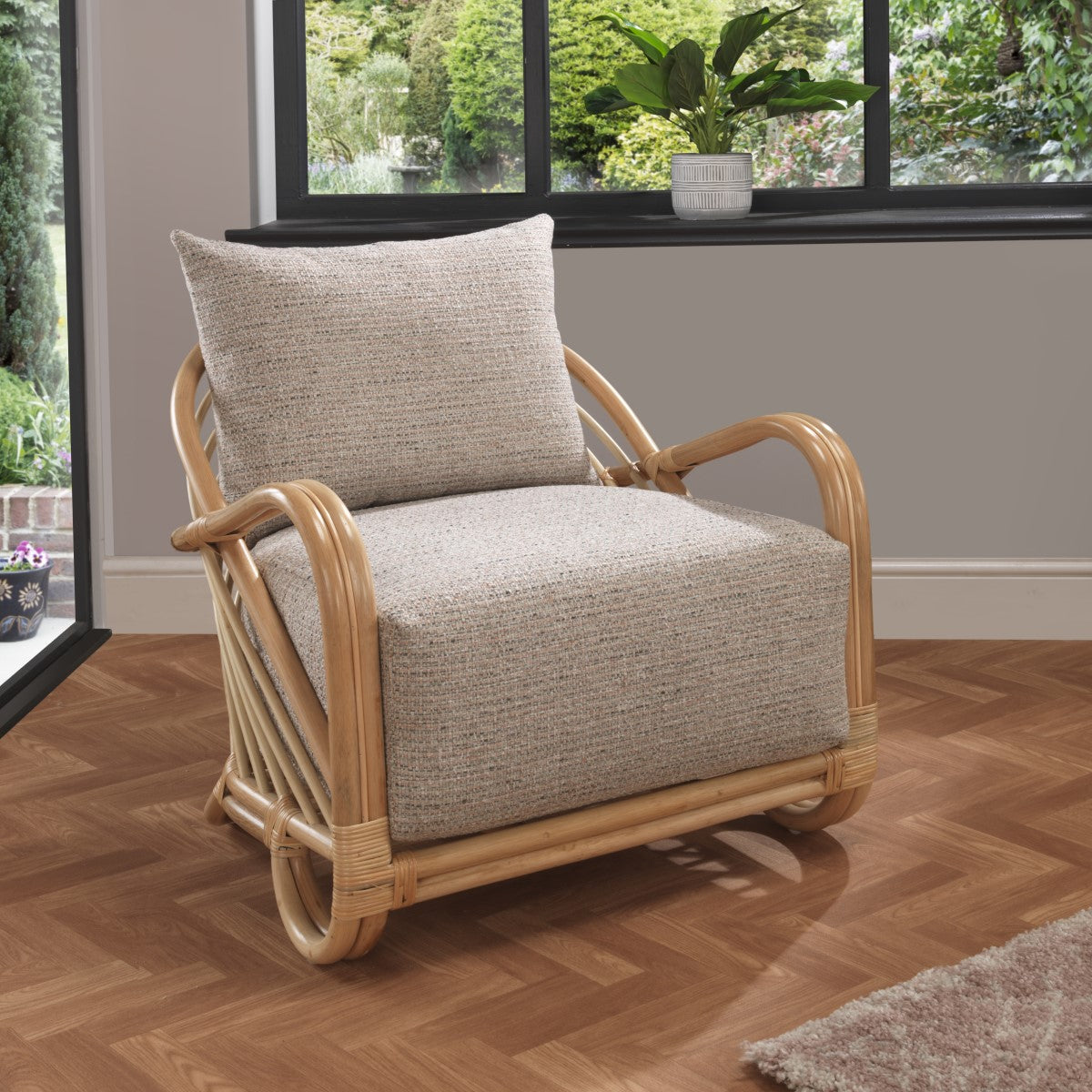 arch rattan armchair in blush tweed