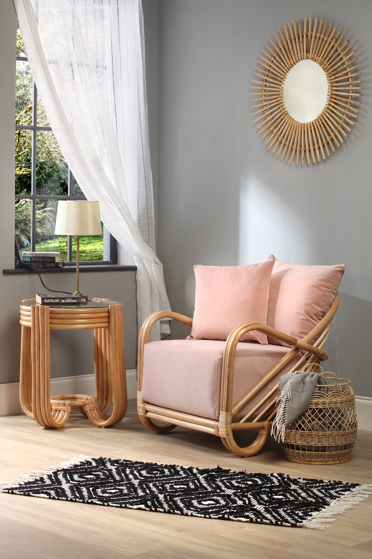 Arch Rattan Armchair in Velvet Blush Pink