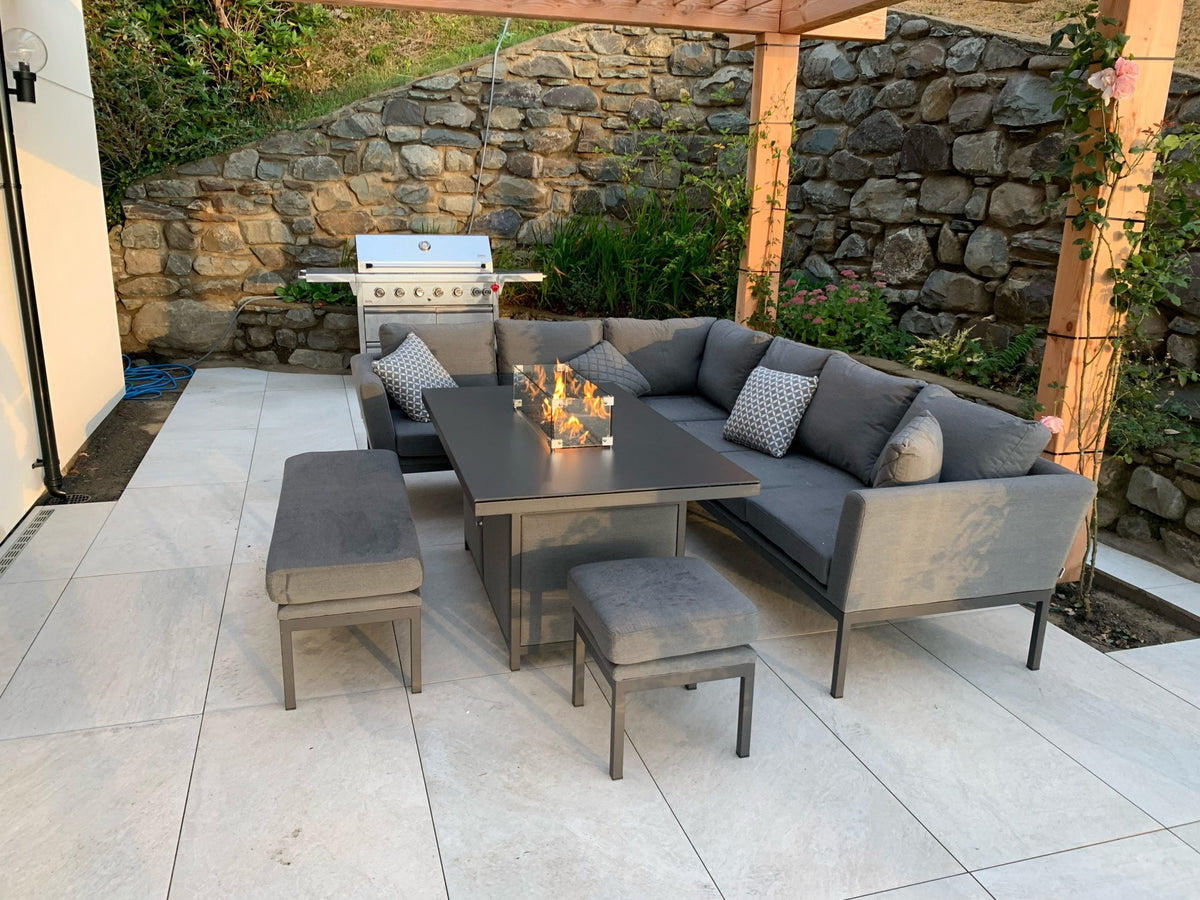 aruba outdoor fabric patio corner sofa set with fire pit table all weather sunbrella fabric