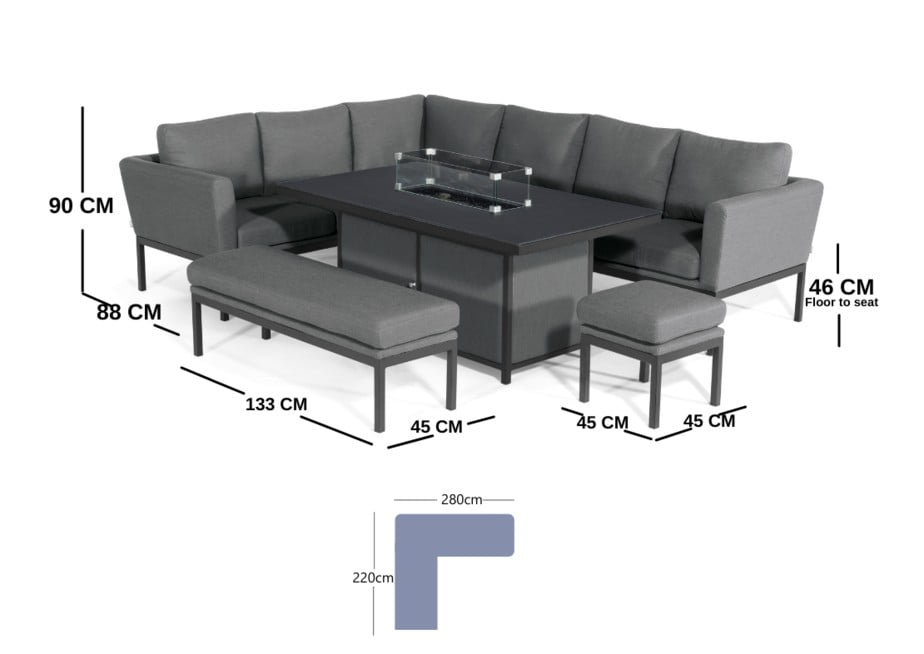 aruba patio corner sofa set with fire pit table