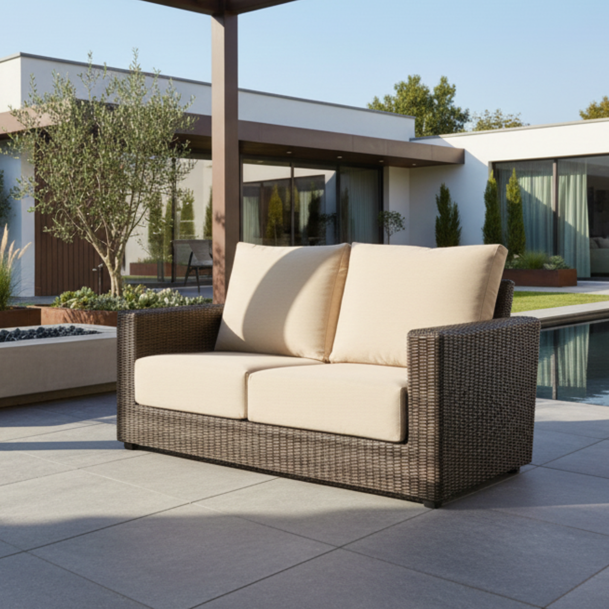 Ascot Rattan Outdoor 3-seater sofa with Beige Cushion