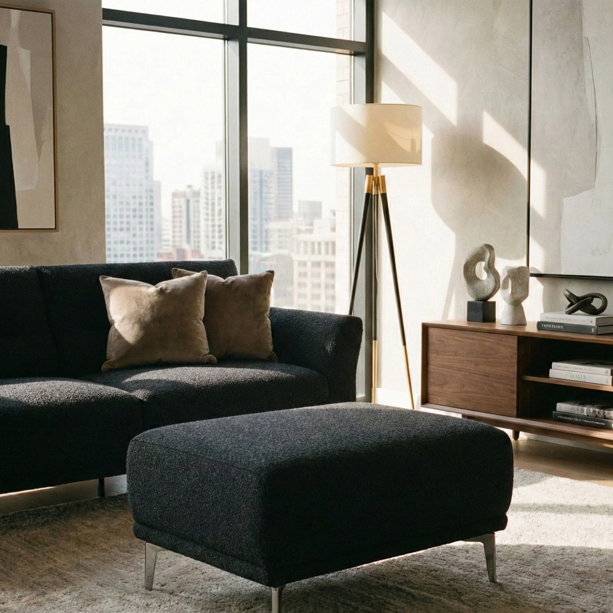 Aveline Footstool in Black Lux Boucle