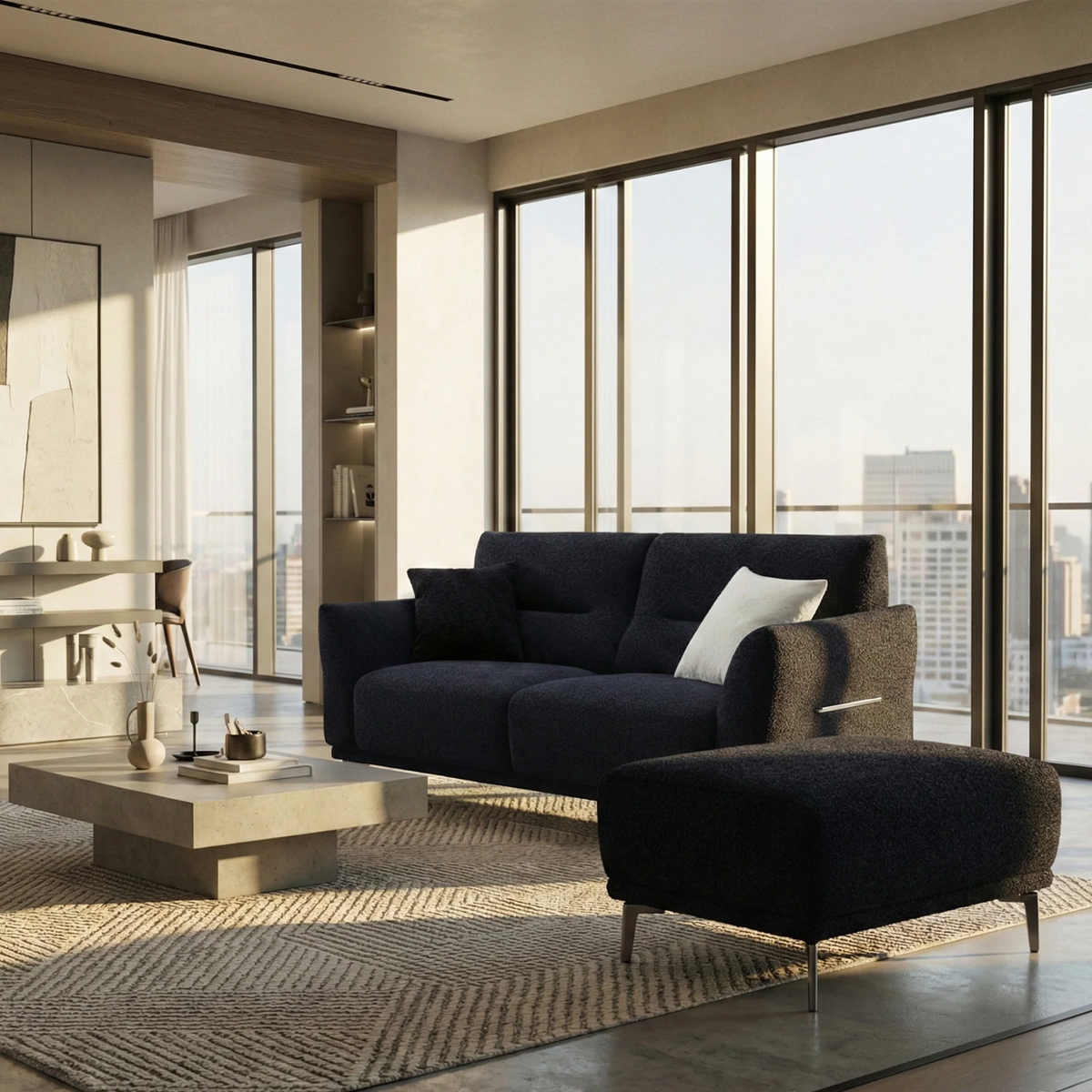 Aveline Footstool in Black Lux Boucle