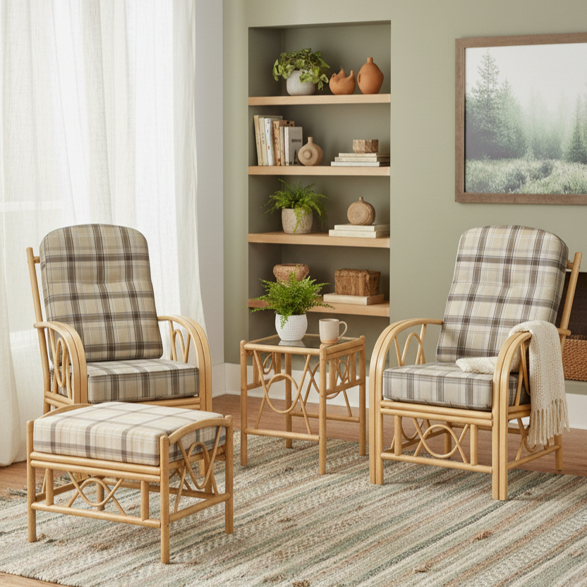 Bali Light Oak 2 Armchairs and Footstool in Highland with Lamp Table