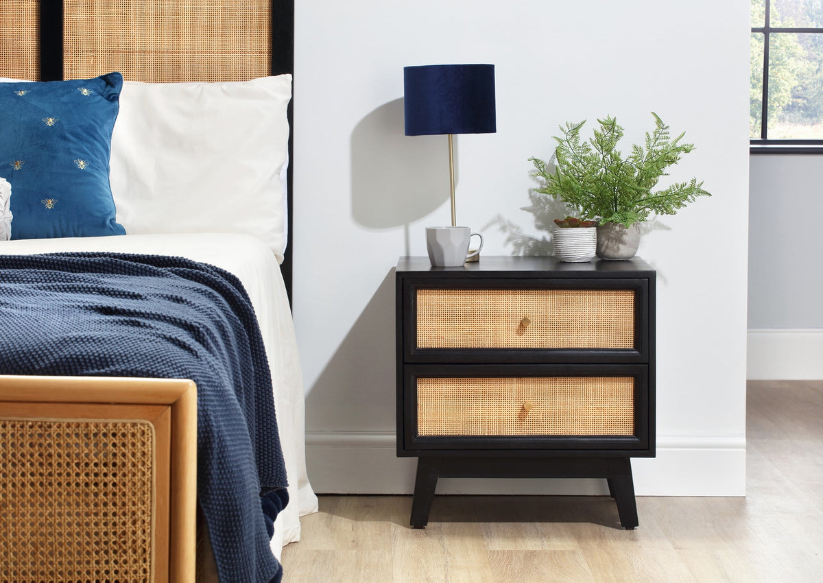 Rattan mango wood bedside table black web