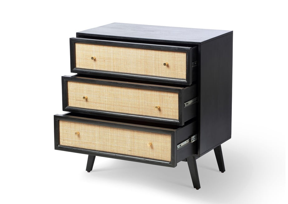 rattan mango wood black 3 draw chest of drawers