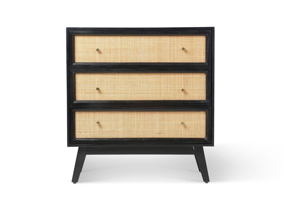 rattan mango wood black 3 draw chest of drawers